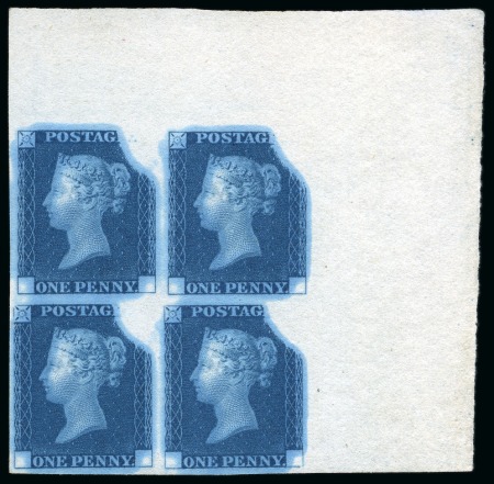 Stamp of Great Britain » Line Engraved Essays, Plate Proofs, Colour Trials and Reprints 1840 1d Rainbow trial, state 3, in deep blue on stout white wove paper in top right corner marginal block of four