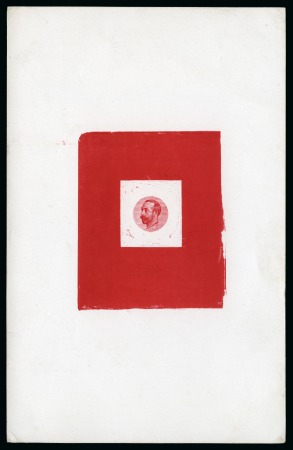 1910 Downey head die proof, stage 2a, partially cleared around head, printed in red on glazed card