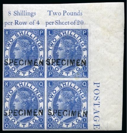 1867-80 2s Blue pl.1. imperforate with "SPECIMEN" type 6 overprint in mint nh top right corner marginal block of four