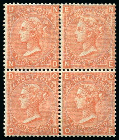 1865-67 4d Dull Vermilion pl.8 mint og block of four