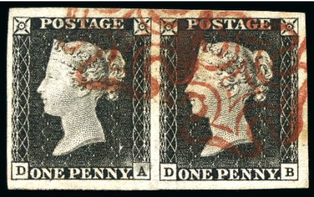 Stamp of Great Britain » 1840 1d Black and 1d Red plates 1a to 11 1840 1d Grey-Black pl.1a DA-DB horizontal pair, showing moderate plate wear, with large to huge margins
