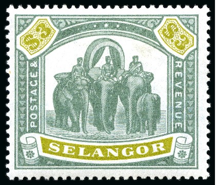 Stamp of Malaysia » Malaysian States » Selangor 1895-99 $3 Green and Ochre mint large part og