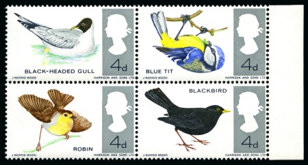 1966 British birds. ordinary paper, 4d se-tenant right hand marginal block of four with RED OMITTED error