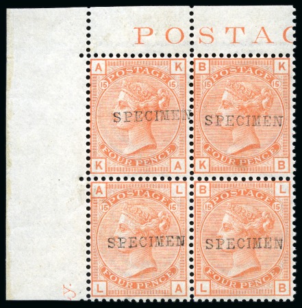1876 4d Vermilion pl.15 AK/BL mint og corner marginal block of four with "SPECIMEN" type 9 overprint
