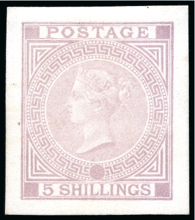 1867-83 5s Die proof with void corners and plate number printed in pale lilac on matt card (31x 35mm)