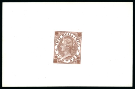1867-80 2s Die proof with void corners and plate numbers printed in brown on white matt card