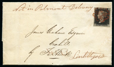 1840 (Jun 8) Entire from Airdrie to Falkirk with 1840 1d Black pl.1a TC, redirected with "Not in Palmont Delivery" ms
