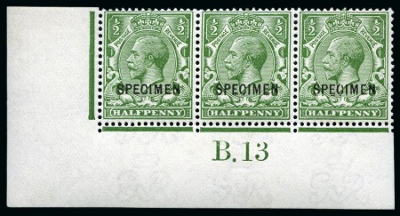 1912-24 1/2d Green with "SPECIMEN" type 26 in mint corner marginal "B.13" control strip of three