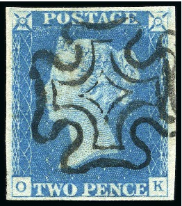 Stamp of Great Britain » 1840 2d Blue (ordered by plate number) 1840 2d Pale Blue pl.1 OK, good to very good margins, beautifully cancelled by a crisp upright black MC