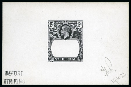 Stamp of St. Helena 1922 De La Rue die proof of the frame for the 15s in black on glazed card