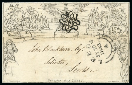 Stamp of Great Britain » 1840 Mulreadys & Caricatures 1843 (Jul 29) 1d Mulready lettersheet, forme 3, stereo A54, sent from London to Leeds cancelled by crisp London "4" in MC