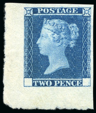 Stamp of Great Britain » Line Engraved Essays, Plate Proofs, Colour Trials and Reprints 1841 2d Blue trial lower left corner marginal example from the trial sheet of twelve with blank corner letters,