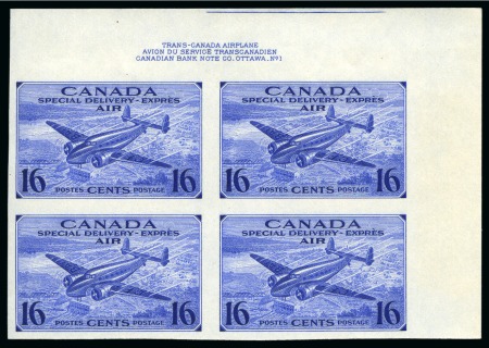 SPECIAL DELIVERY: 1942-43 War Effort 16c ultramarine airmail IMPERFORATE UPPER RIGHT CORNER MARGINAL BLOCK OF FOUR