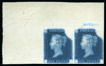 Stamp of Great Britain » Line Engraved Essays, Plate Proofs, Colour Trials and Reprints 1840 1d Rainbow trial, state 3, in deep blue on stout white wove paper with a distinct ivory head on reverse