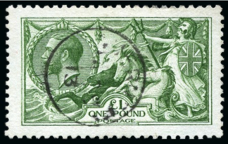 1913 Waterlow £1 green Seahorse used with 1913 Guernsey cds