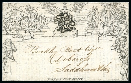Stamp of Great Britain » 1840 Mulreadys & Caricatures 1840 (Sep 20) 1d Mulready lettersheet cancelled "7" in MC with internal printed advert for the Atlas Asssurance Company