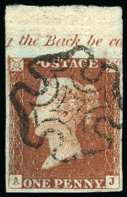 Stamp of Great Britain » 1840 1d Black and 1d Red plates 1a to 11 1841 1d Red-Brown pl.1b AJ top marginal with full deckled edge selvedge and small part sheet inscription, used