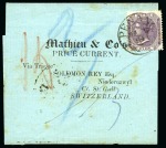 1864 (Mar 9) Wrapper from Penang to Switzerland with India 1860 8p purple tied by "PENANG" cds