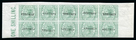 1876 1s Green pl.4 mint og imperforate top marginal block of ten with "SPECIMEN" type 9 overprint