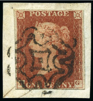Stamp of Great Britain » 1841 1d Red 1841 1d Red brown pl.34 BG tied to a small piece by a very fine strike of the Kilmarnock distinctive MC in black