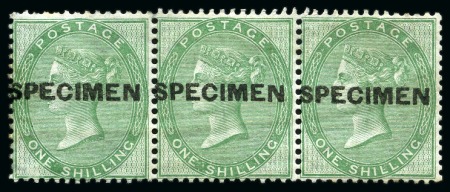 1855-57 Wmk Emblems 1s Deep Green with "SPECIMEN" type 4 overprint in mint og strip of three