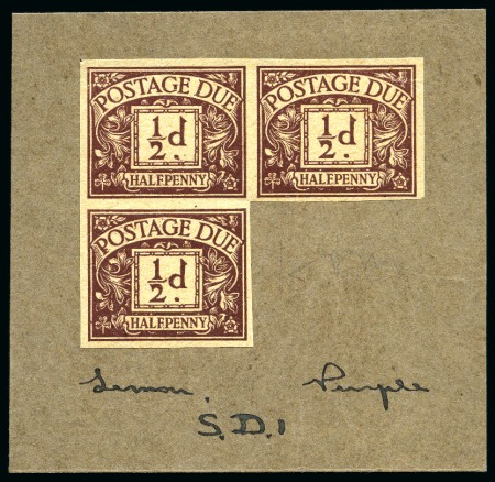 Stamp of Great Britain » Postage Dues 1923 2s6d Postage due colour trial imperforate irregular block of three printed on gummed, wove unwatermarked tinted paper