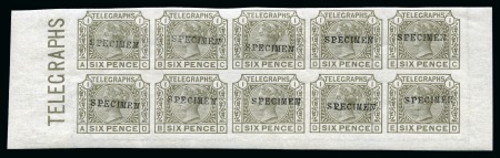 1877 6d Grey pl.1 AC/ED mint og imperforate bottom marginal block of ten with "SPECIMEN" type 9 overprint