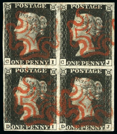 Stamp of Great Britain » 1840 1d Black and 1d Red plates 1a to 11 1840 1d Black pl.4 CI-DJ block of four, fine to very good margins, beautifully cancelled by crisp red MCs