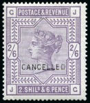 1867-83 £5 Orange on white paper, 1883-84 2s6d, 5s & 10s on white paper and 1884 wmk Crowns £1 brown-lilac with "CANCELLED" type 14 overprints