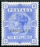 1867-83 £5 Orange on white paper, 1883-84 2s6d, 5s & 10s on white paper and 1884 wmk Crowns £1 brown-lilac with "CANCELLED" type 14 overprints