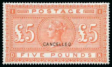 1867-83 £5 Orange on white paper, 1883-84 2s6d, 5s & 10s on white paper and 1884 wmk Crowns £1 brown-lilac with "CANCELLED" type 14 overprints