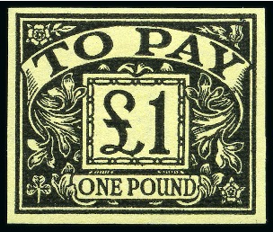 Stamp of Great Britain » Postage Dues 1963 £1 Black on yellow mint nh imperforate imprimatur with "NPM IMPRIMATUR" handstamp on reverse