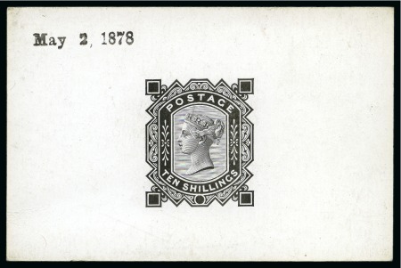 1867-83 10s De La Rue die proof in black on white glazed card