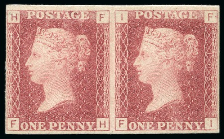 Stamp of Great Britain » Line Engraved Essays, Plate Proofs, Colour Trials and Reprints 1867 1d Paris Exhibition proof pl.103 FH-FI in rose in imperforate horizontal pair printed on thick white card