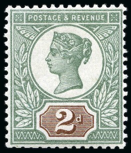 1887 Jubilee 2d with head plate in green and duty plate in deep brown