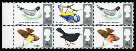 1966 British Birds (ordinary paper) 4d with ERROR RED OMITTED in left marginal block of six