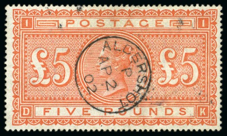 1867-83 £5 Orange pl.1 DK on white paper with central Aldershot AP.2.1902 cds