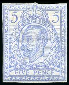 1911 5d Engravers Sketch Die for unissued value, die 2 head, cut down die proof used as a colour trial printed in pale blue