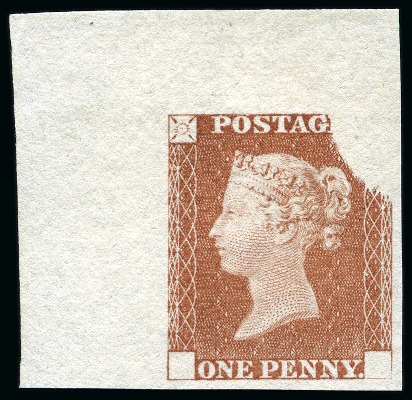 1840 1d Rainbow trial, state 3, in red-brown on white wove paper, top left corner marginal