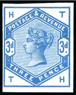 1883-84 Lilac & Green issue 3d colour trial in bright blue on white imperforate gummed watermarked paper