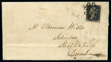 Stamp of Great Britain » 1840 1d Black and 1d Red plates 1a to 11 1841 (Mar 21) Entire from Sturminster Newton (Dorset) to Shaftsbury with 1840 1d grey-black pl.2 GG tied black MC