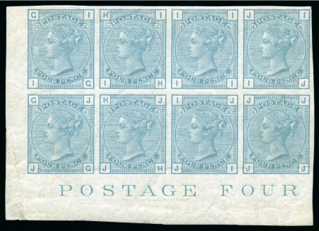 1873-80 4d pl.15 colour trial in turquoise-blue in mint og lower left corner marginal block of eight