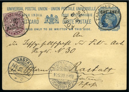 1896 (May 26) 1a on 1 1/2a blue postcard uprated with 1896 (11 May) "2 1/2" (type 3) on 1a plum