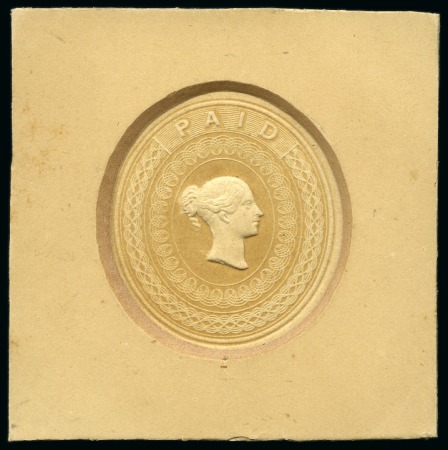 1847 Embossed essay by Charles Whiting showing the uncrowned Queen's head within an ornate engine turned oval surround