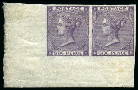 1862-64 6d Lilac pl.4 (hair lines) EA-EB imperforate lower left corner marginal pair with inverted watermark