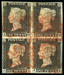 1840 1d Grey-Black pl.1a ID/JE used block of four, fine to very good margins, cancelled by red MCs