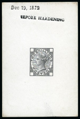1867-80 2s De La Rue die proof in black on white glazed card