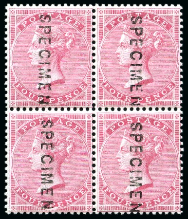 1855-57 Wmk Medium Garter 4d carmine on thick blued highly glazed paper with "SPECIMEN" type 2 overprint vertically in mint nh block of four