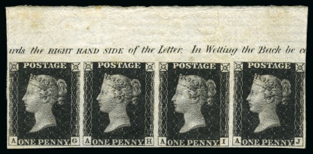 Stamp of Great Britain » 1840 1d Black and 1d Red plates 1a to 11 1840 1d Black pl.6 AG-AI mint og top marginal strip of four with inscription