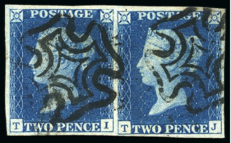 Stamp of Great Britain » 1840 2d Blue (ordered by plate number) 1840 2d Deep Blue pl.2 TI-TJ used pair, good to large margins, neat black MCs